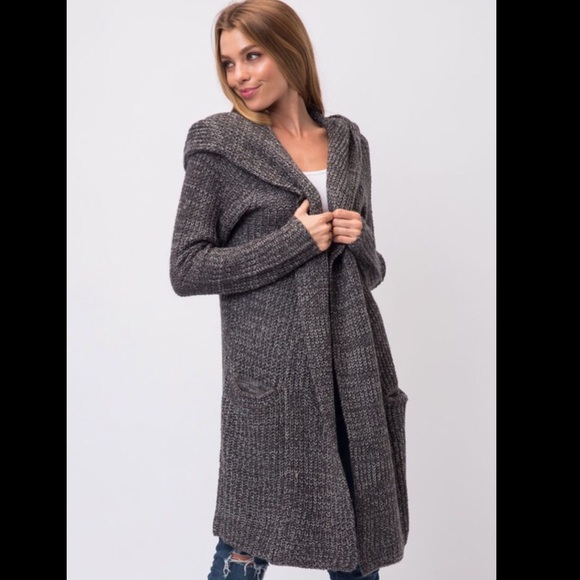 Chunky Knit Long Open Hoodie Cardigan - Picture 3 of 4